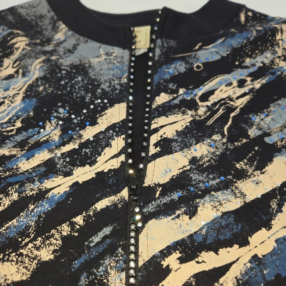 Jess & Jane Jacket Women S Blue Waves Full‎ Zip Rhinestone Abstract Artsy Casual